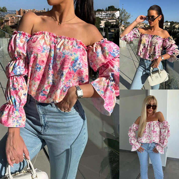 Off-shoulder floral blouse for women with balloon sleeves Lune London