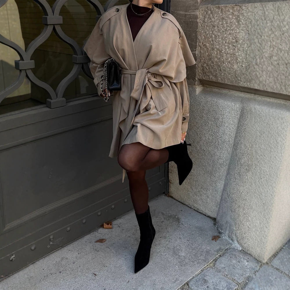 Women's Short Asymmetrical Wrap Coat with Ruffle Overlay and Tie Belt Amarae