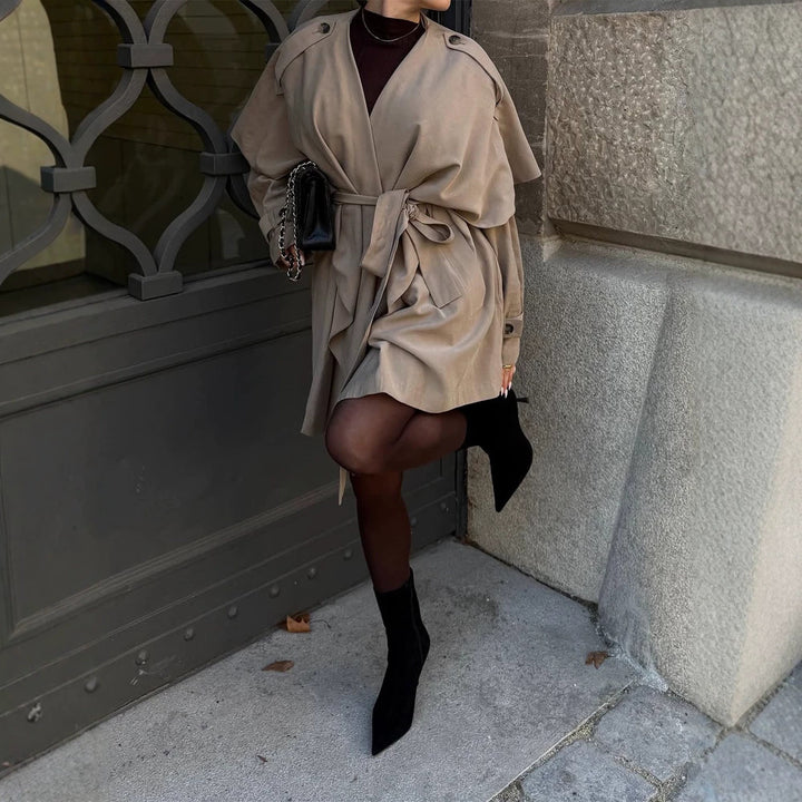 Women's Short Asymmetrical Wrap Coat with Ruffle Overlay and Tie Belt Amarae