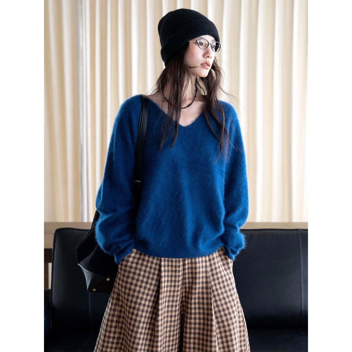 Women's Fluffy Mohair Blend Round Neck Sweater in Oversized Cut Amarae