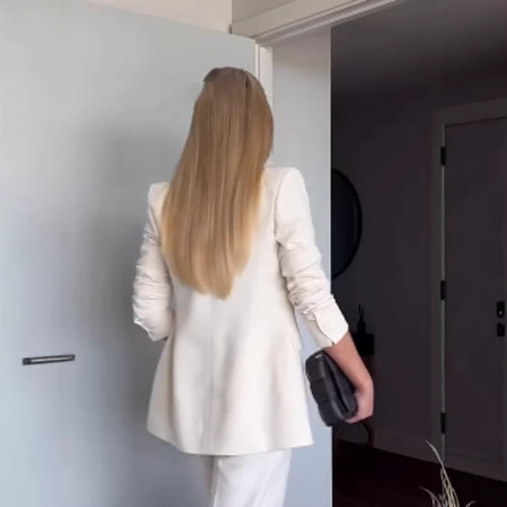 Women Fitted Double-Breasted Long Blazer with Light Shoulder Pads and Clean Lapels Amarae