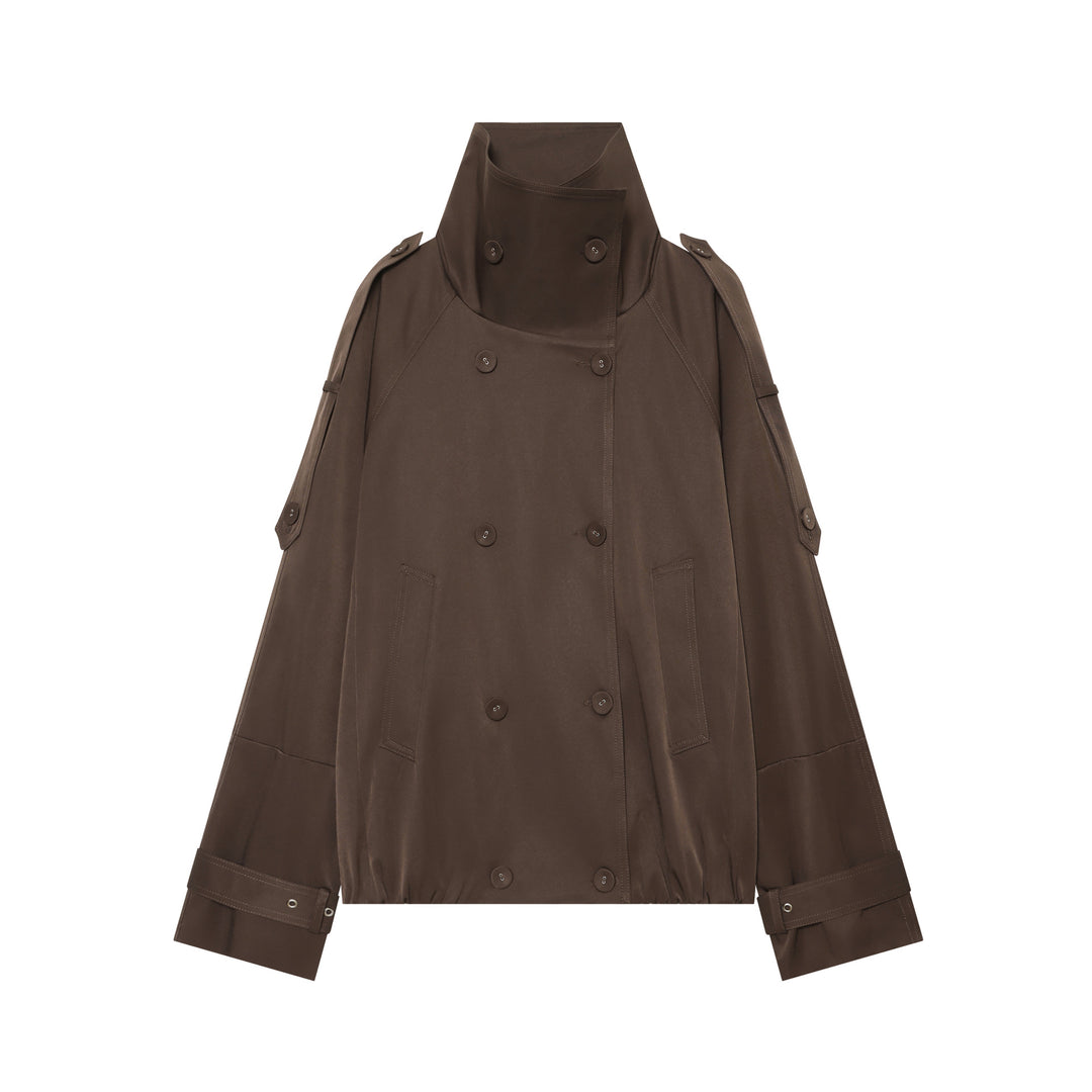 Women's Short Cape Trench with High Funnel Collar and Adjustable Sleeve Straps Amarae