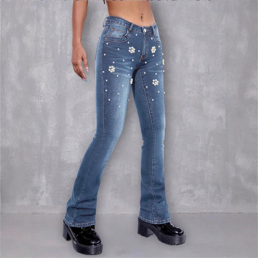 Women's slim bootcut jeans with pearl and flower appliqués Amarae