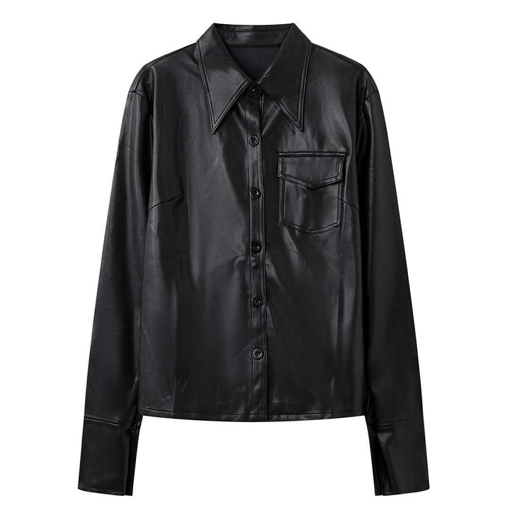 Women's fine structured faux leather shirt jacket with stiff collar and patch pocket Amarae