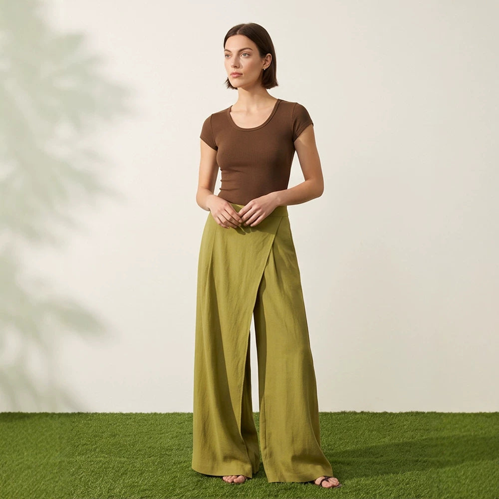 Women's High-Waist Wrap Palazzo Pants with Wide Leg and Flowing Linen Look Amarae