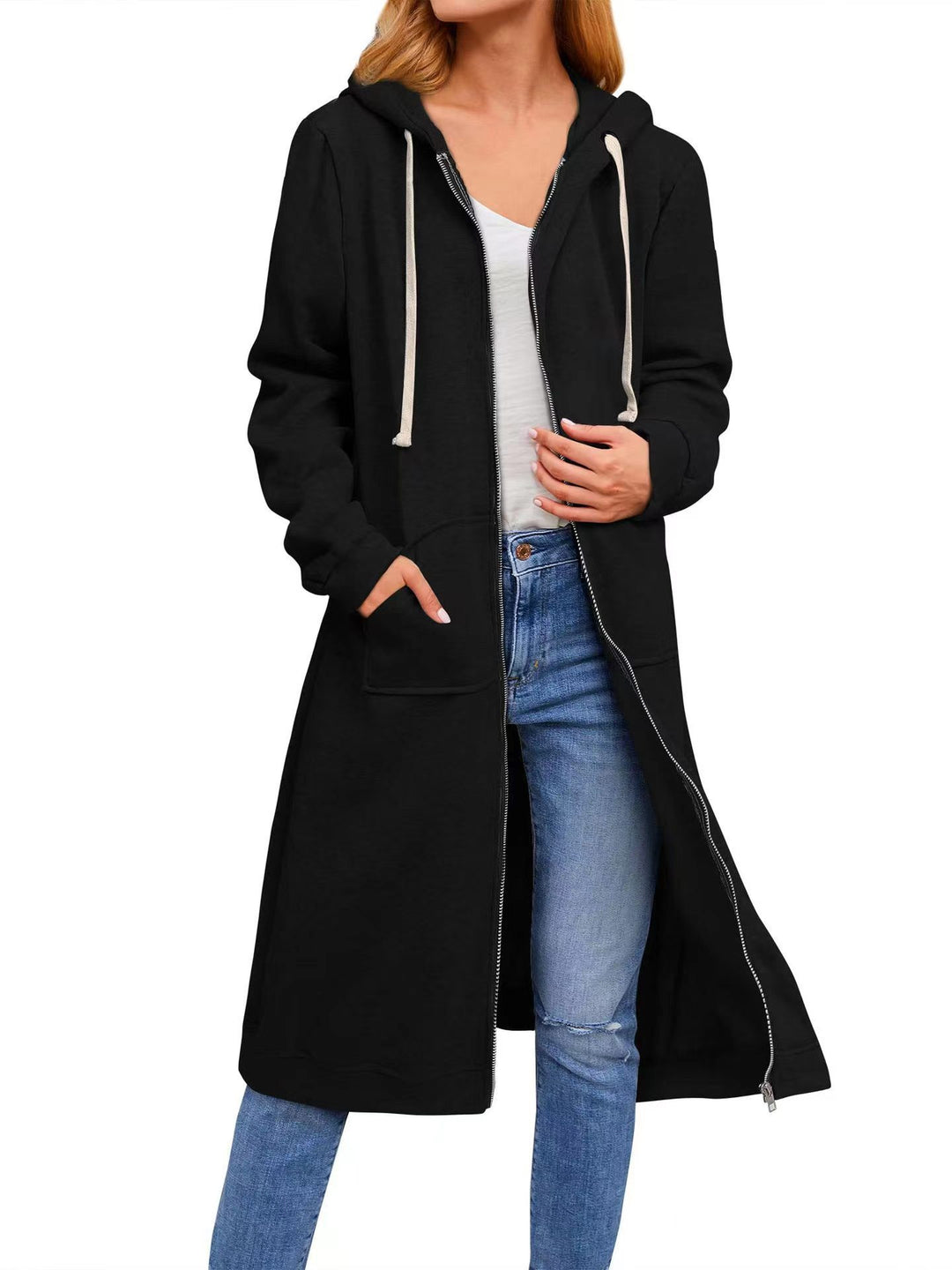 Long hoodie jacket for women in comfortable sweatshirt material with pockets Lune London
