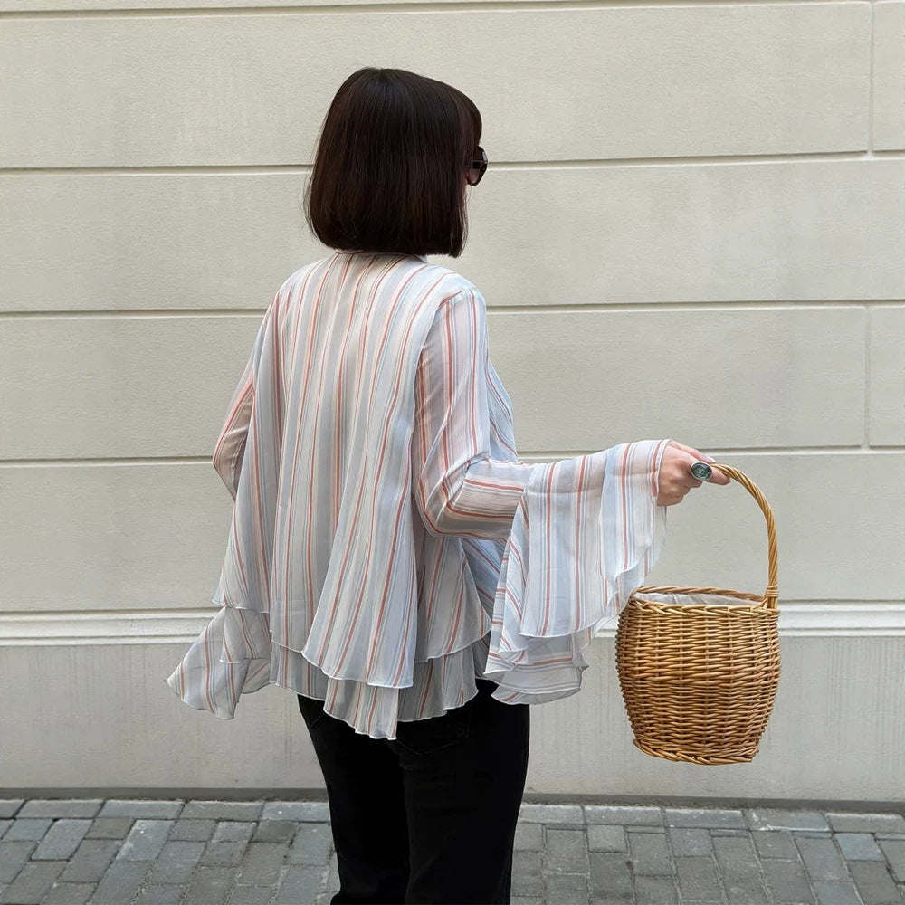 Women's Striped Chiffon Blouse with Tie Bow, Ruffled Hem & Bell Sleeves Amarae