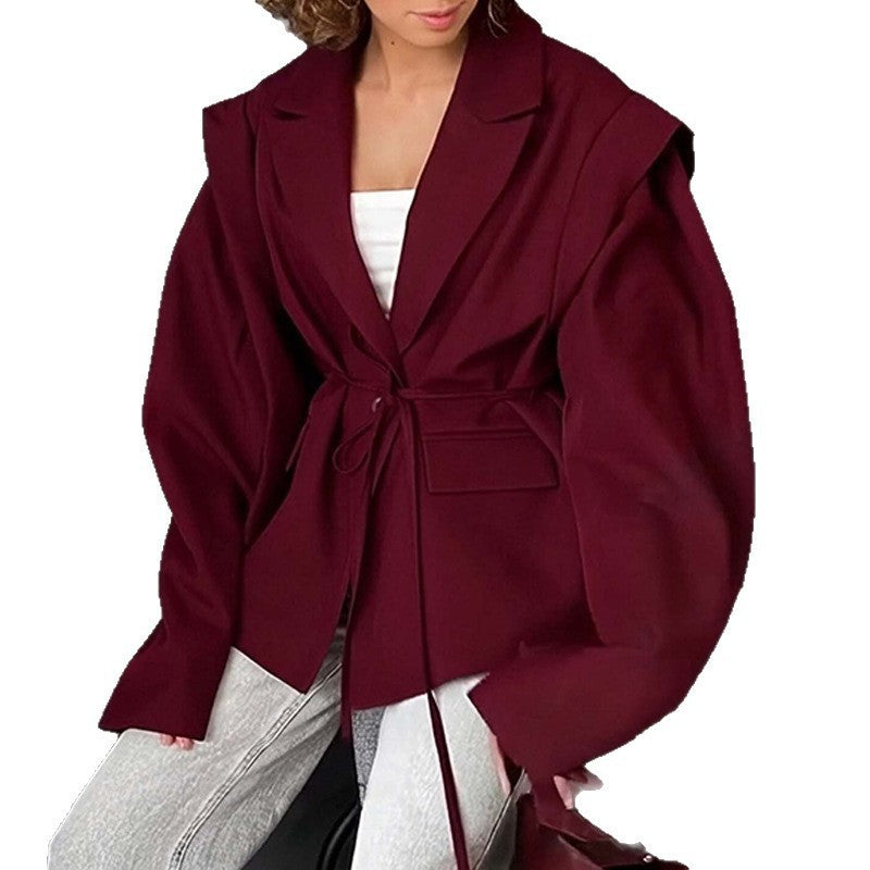 Ladies Tailored Wrap Blazer with Shoulder Pads and Tying Belt Amarae