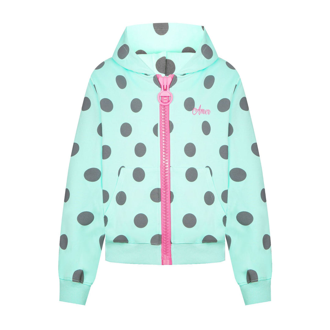 Women's cropped hooded zip jacket with large polka dot pattern and decorative zipper Amarae