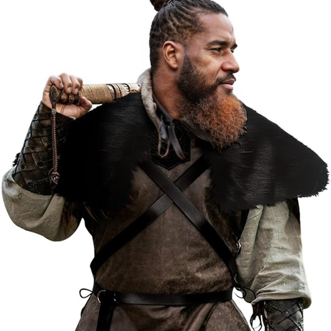 Men's Medieval Leather Jerkin with Faux Fur Shoulder Cape and Braided Arm Guards Amarae