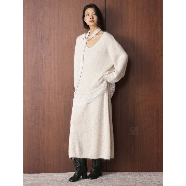 Women Longer Fluffy V-neck Mohair look Pullover with Lace Trim