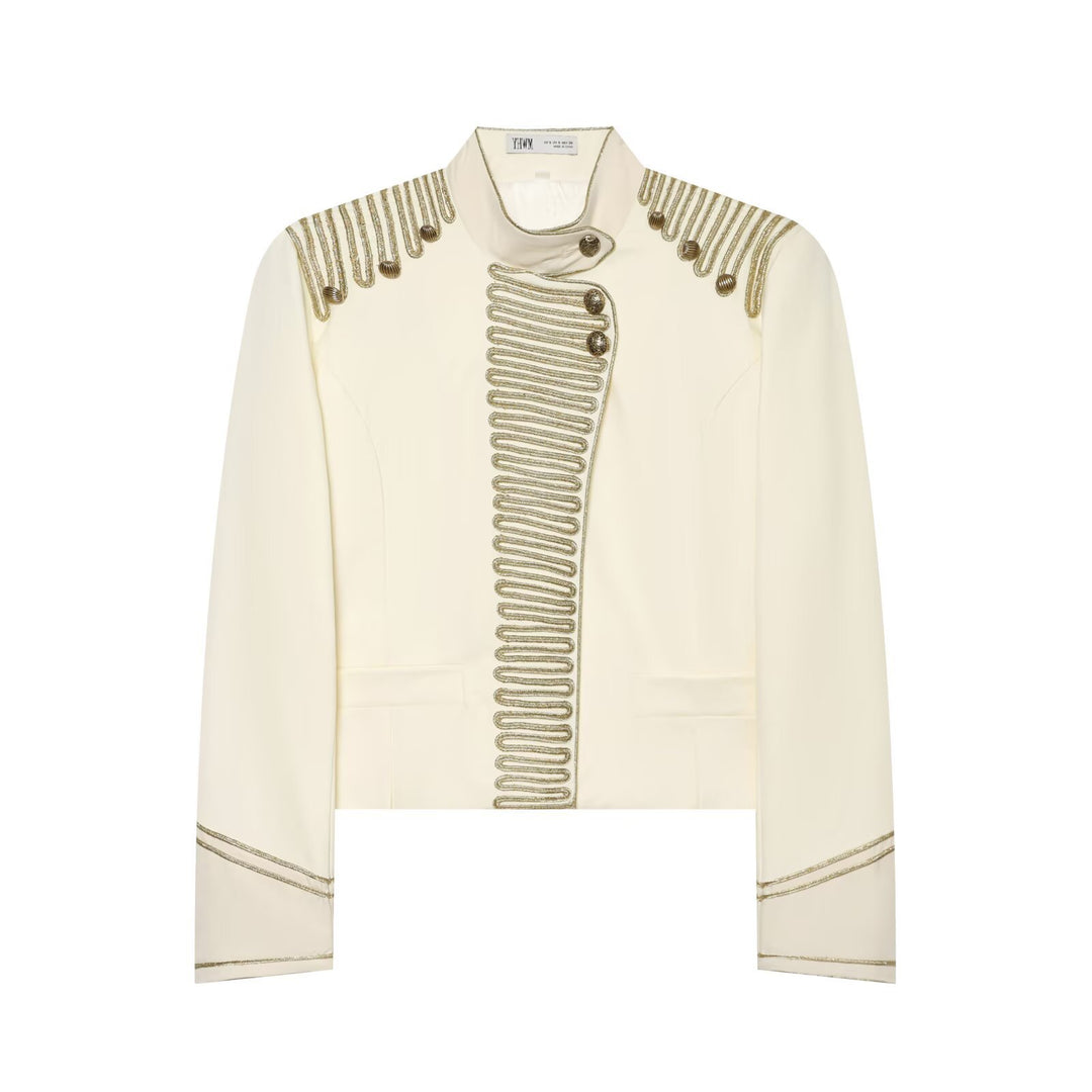 Women's Military Style Short Blazer with Decorative Trim and Stand-Up Collar Amarae