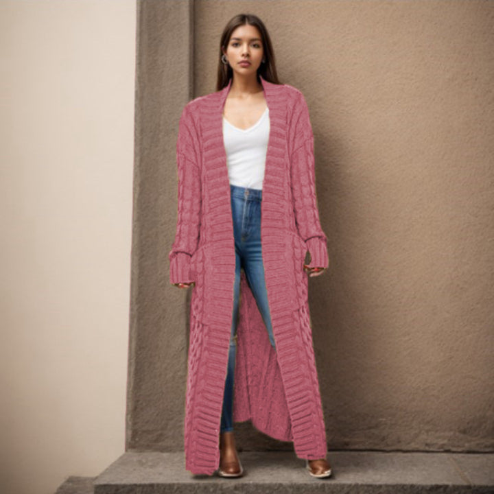 Ladies Long knit cardigan with structured twisted pattern and practical pockets Lune London