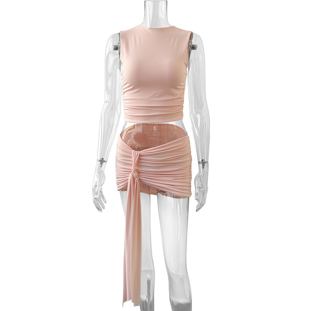 Ladies elegant ruffle set with figure-hugging top and mini skirt Lune London