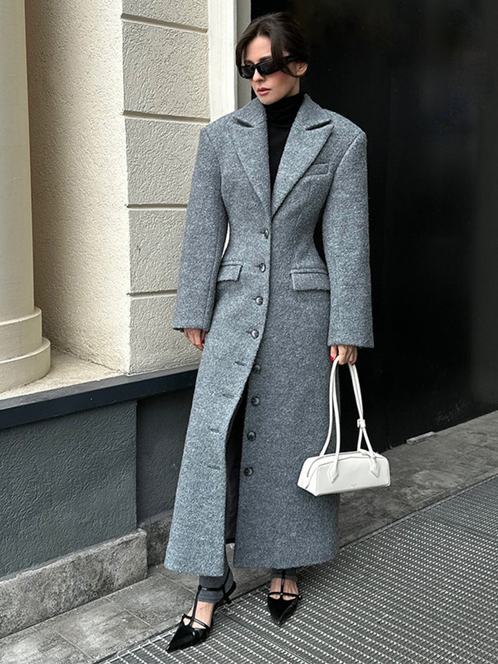 Women's Maxilength Wool Blend Coat with Tailored Cut and Button Placket Amarae