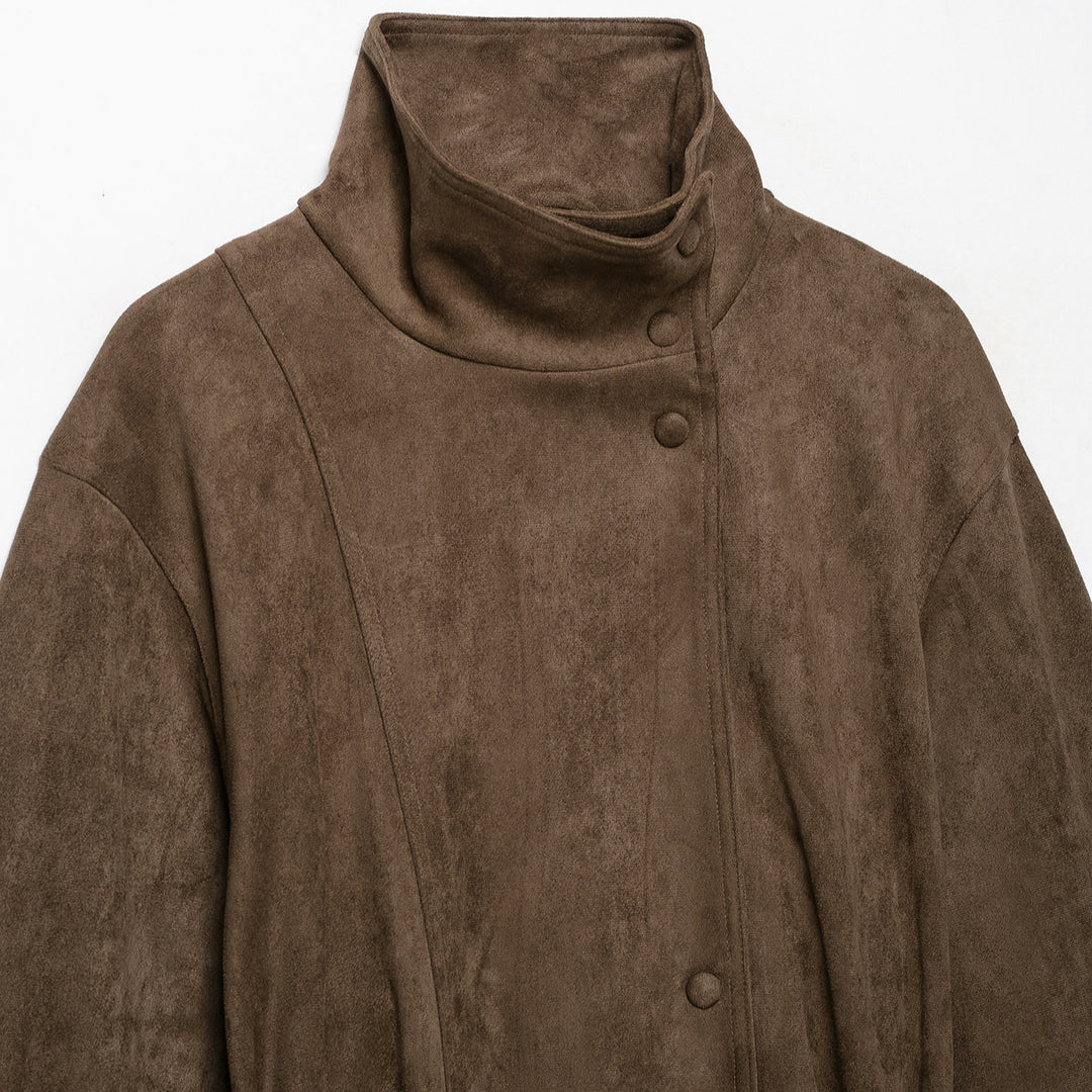 Women Short Velvet Look Jacket with High Funnel Neck, Snap Button Placket and Tie Belt Amarae