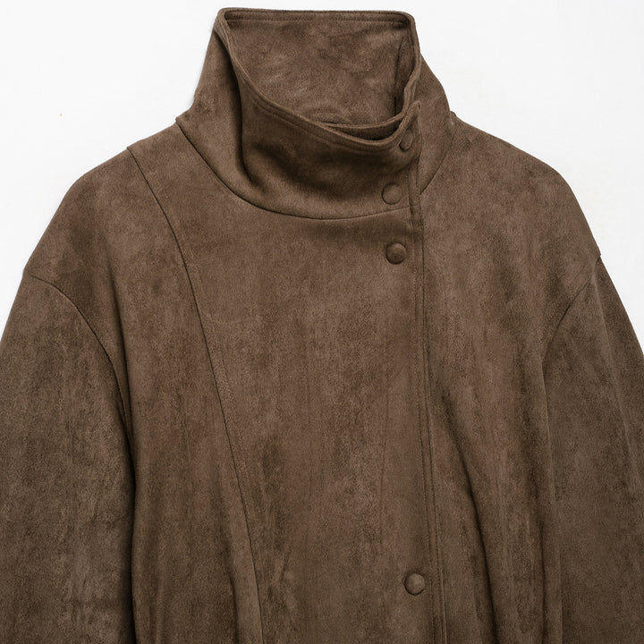 Women Short Velvet Look Jacket with High Funnel Neck, Snap Button Placket and Tie Belt Amarae