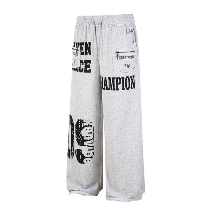Women's Wide Palazzo Sweatpants with Comfort Waistband, Application Pockets and Typo Print Amarae