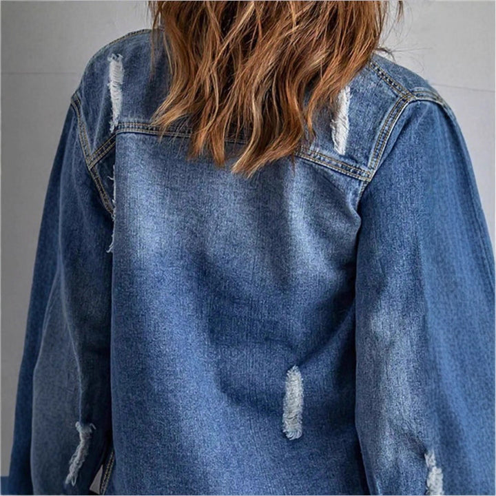 Women Casual Oversized Denim Jacket with Destroyed Details, Shirt Collar and Fringed Hem Amarae