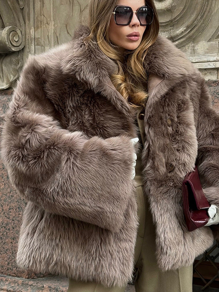 Women short coat made of luxurious faux fur with voluminous shawl collar and boxy silhouette Amarae