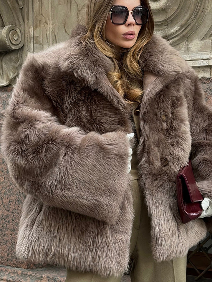Women short coat made of luxurious faux fur with voluminous shawl collar and boxy silhouette Amarae