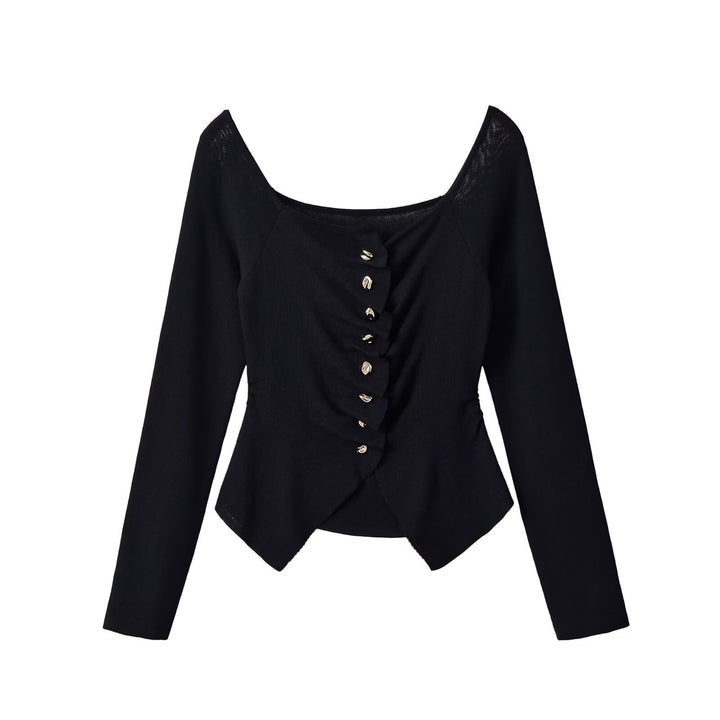 Women's Ruched Long Sleeve Top with Asymmetrical Peplum and Decorative Button Placket Amarae