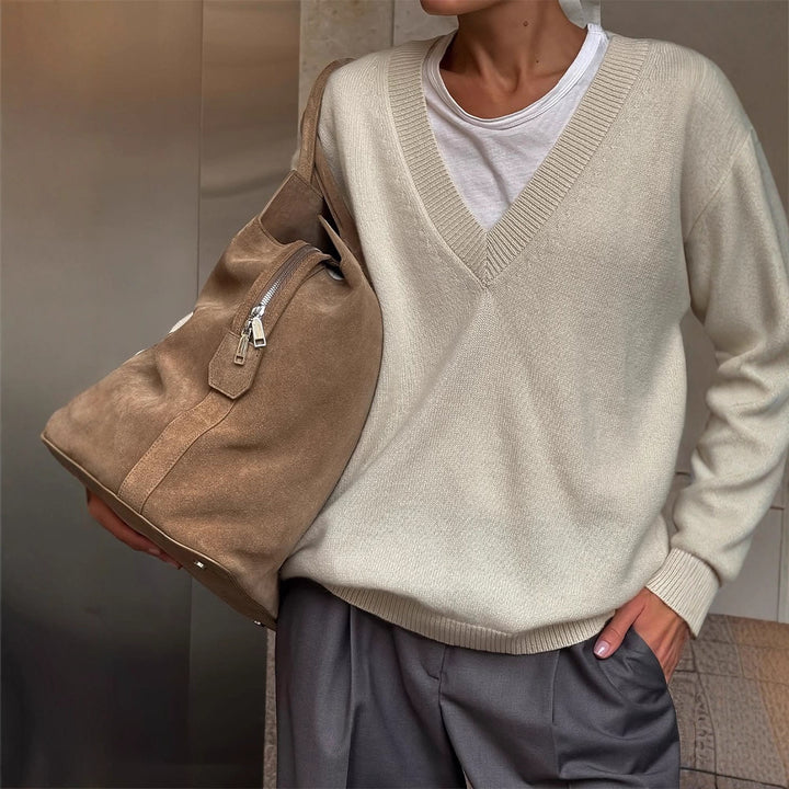 Women's Oversize V-Neck Sweater made of Cashmere Mix with Ripped Hem Amarae