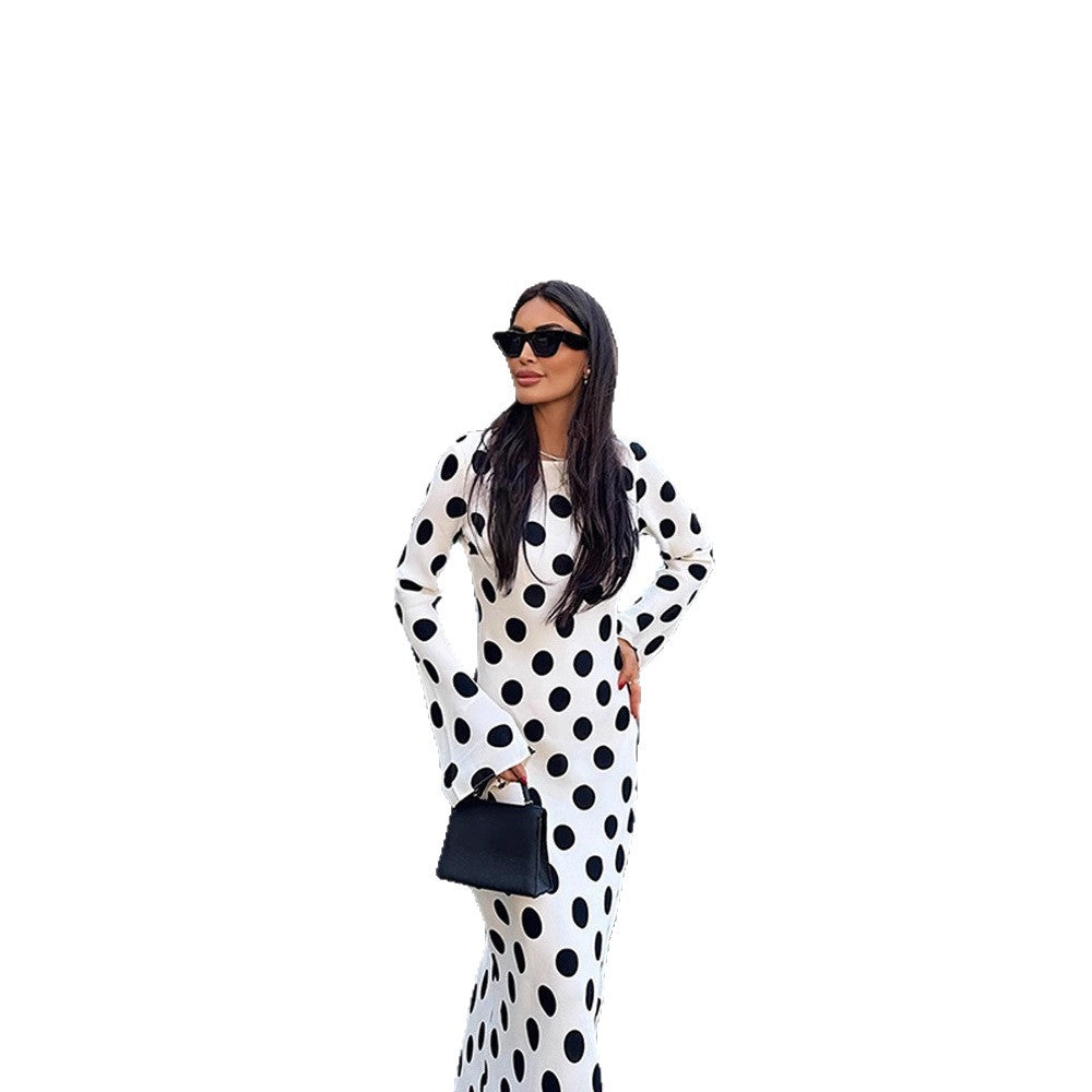 Women's Figure-Hugging Polka Dot Maxi Dress with Trumpet Sleeves & Round Neckline Amarae