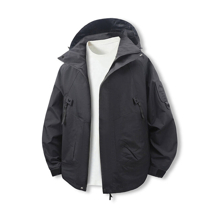Functional outdoor jacket for men with adjustable hood area and multiple pockets Lune London