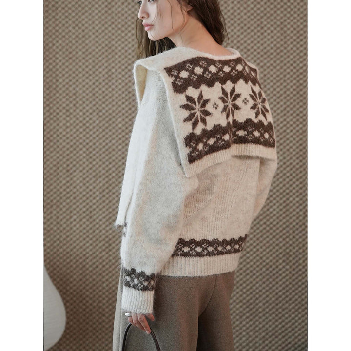 Women's Cozy Fine Knit Pullover with Integrated Shoulder Scarf and Jacquard Hem Amarae