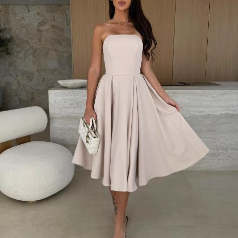 A-line midi strapless dress for women with flowy skirt Lune London