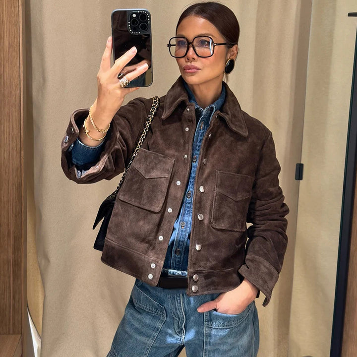 Elegant suede jacket for women with side pockets Lune London