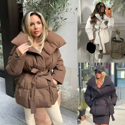 Oversized winter jacket for women with wide collar and tie at the waist Amarae