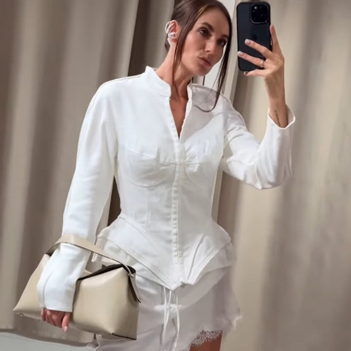 Women's Tailored Blazer Jacket with Corset Effect, Peplum and Stand-Up Collar Amarae