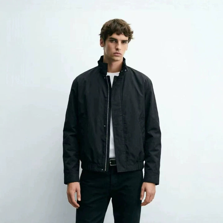 Men's Short Stand Collar Blouson with Hidden Zipper and Elastic Hem Amarae