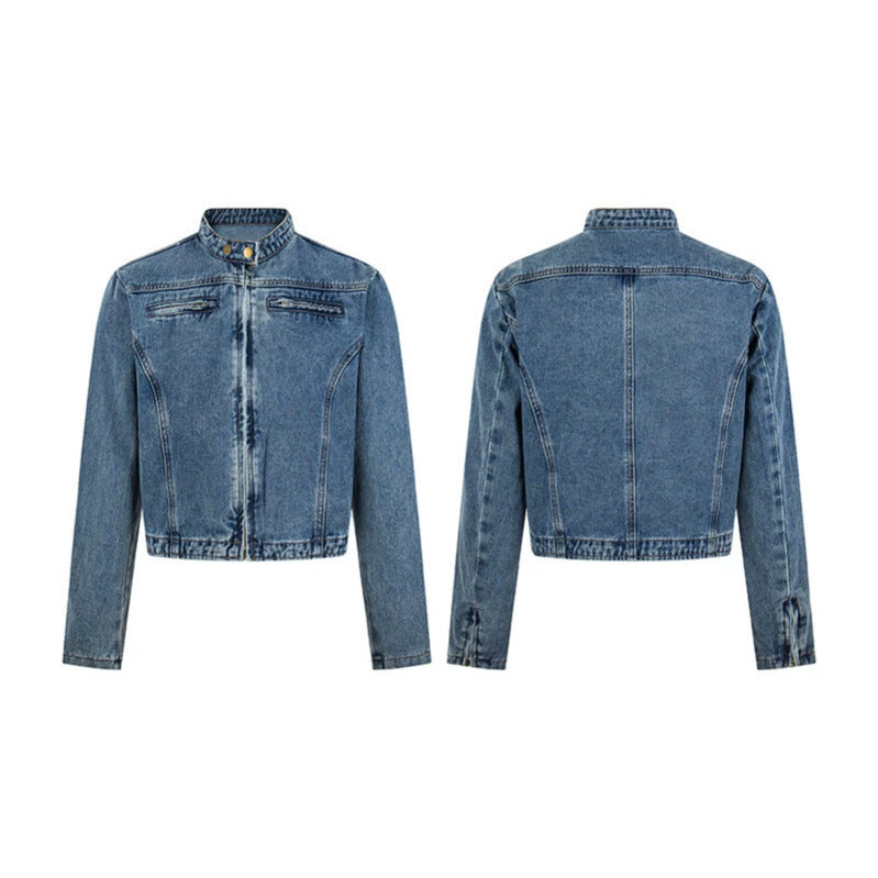 Women's short tailored denim jacket with stand-up collar and hidden zipper Amarae