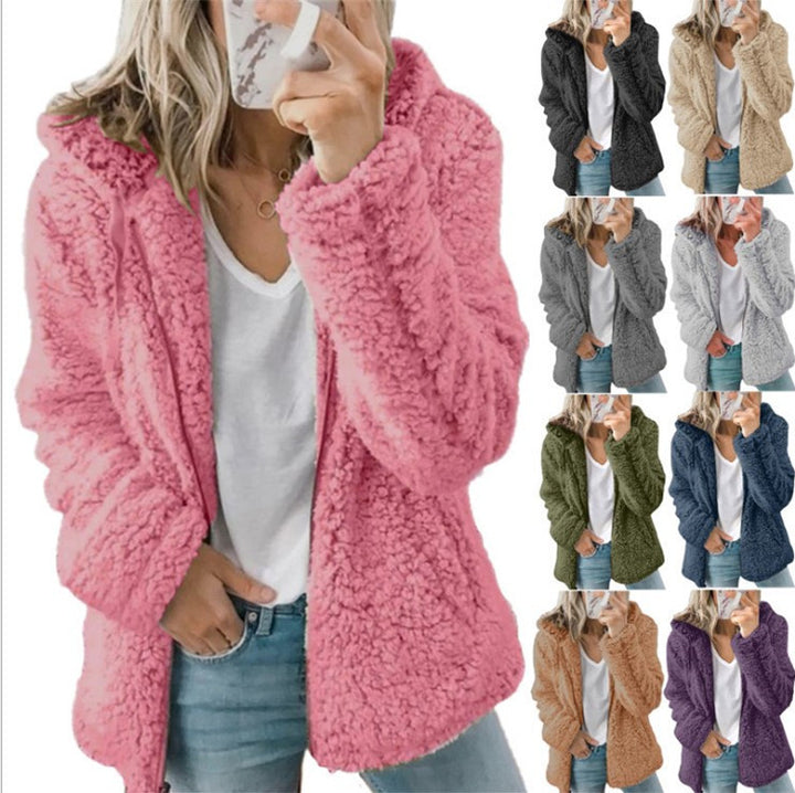 Women's fleece teddy jacket with hood, oversized cut and zipper Amarae