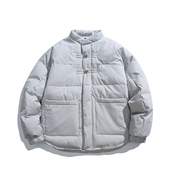 Unisex Boxy padded stand-up collar jacket with Chinese toggle closures and large front pockets Amarae
