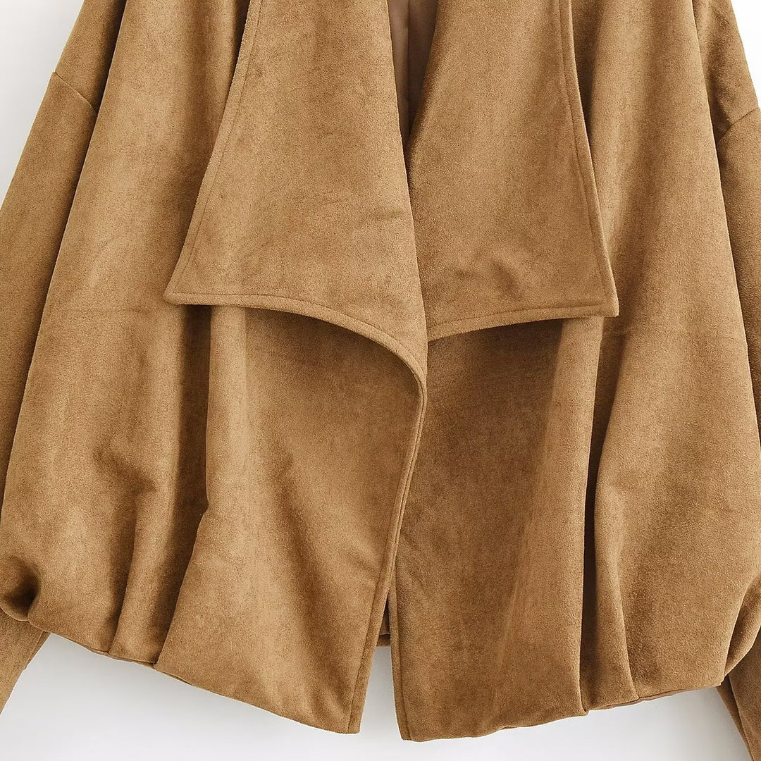 Women's short jacket in suede look with waterfall collar and ballooned hem Amarae
