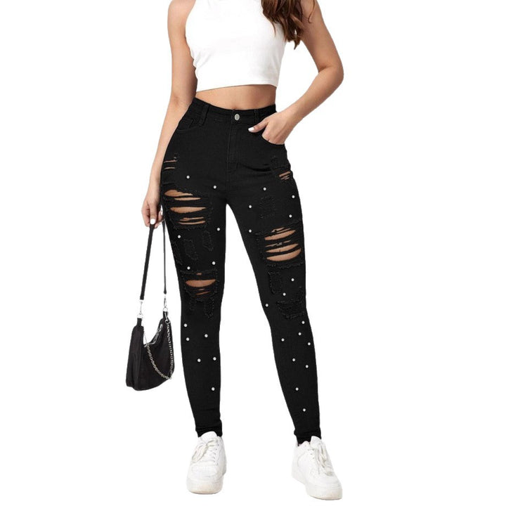 Women High-Waisted Ripped Skinny Jeans with Pearl Decoration and Sculpting Effect Amarae