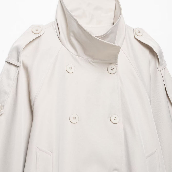 Women Short Cut Cape Trench with High Funnel Collar and Double-Breasted Button Placket Amarae