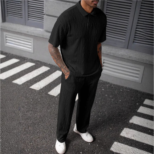 Men's Comfortable Cable Knit Polo Set and Pants Amarae