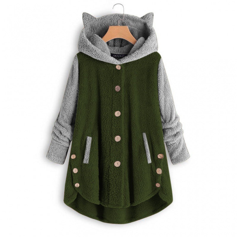 Women's Cozy Hooded Teddy Jacket with Cat Ears, Wooden Button Details and High-Low Hem Amarae