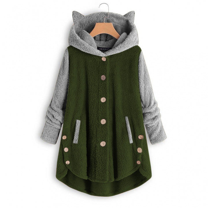 Women's Cozy Hooded Teddy Jacket with Cat Ears, Wooden Button Details and High-Low Hem Amarae