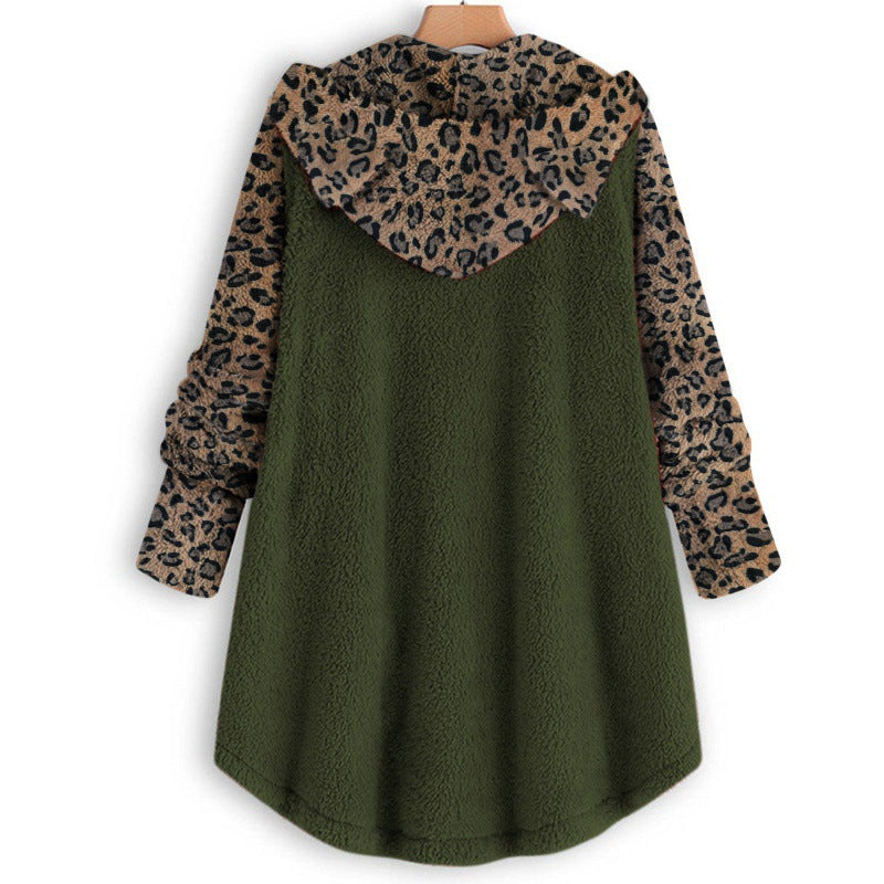 Women's teddy coat with hood, button placket, and contrasting leopard sleeves Amarae