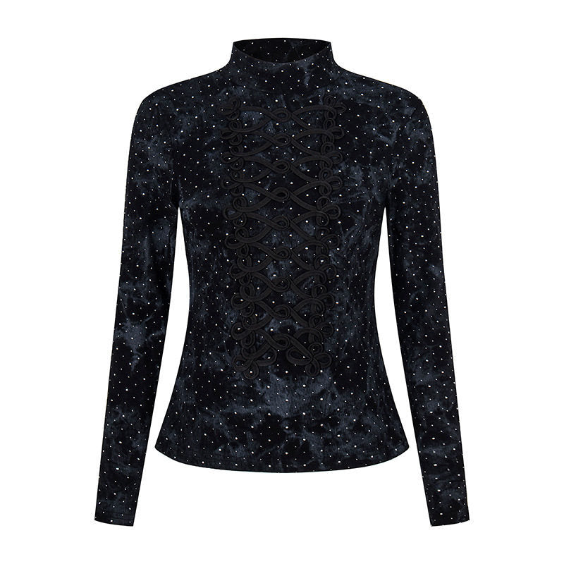 Women's long sleeve shirt with stand-up collar and decorative cord appliqué Amarae