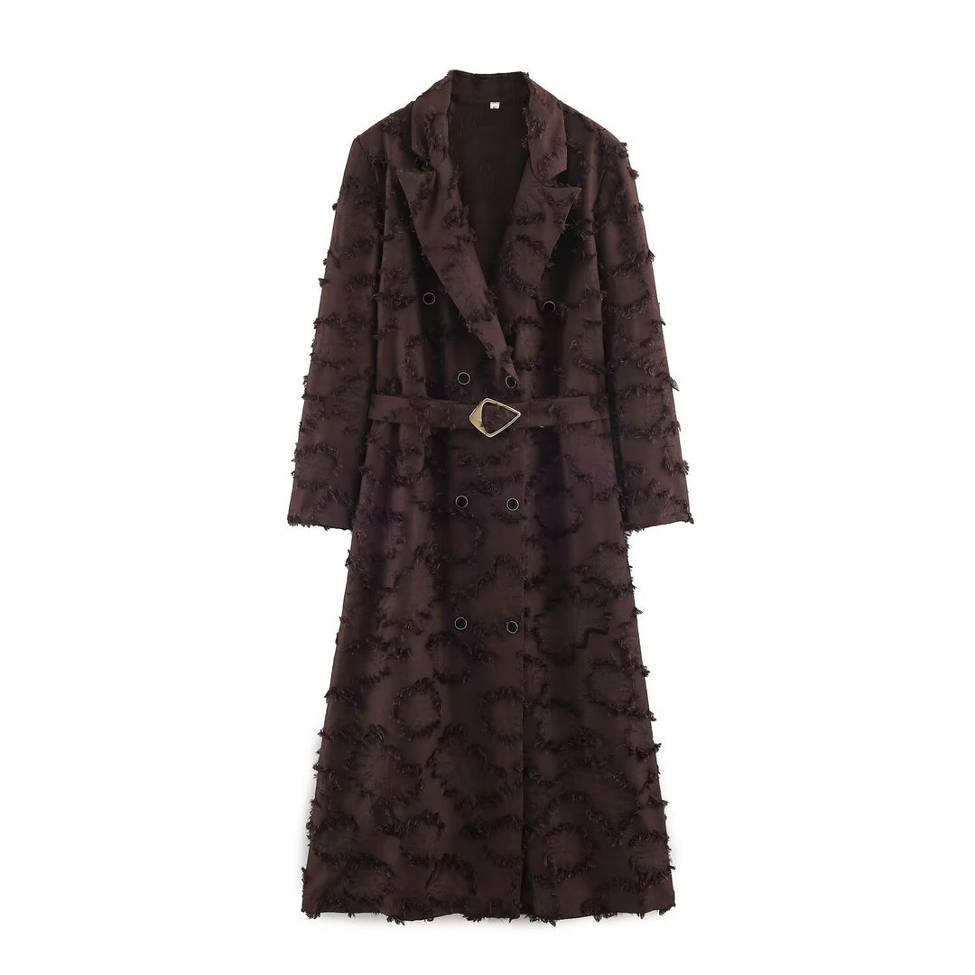 Ladies double-breasted mid-length coat with fringe texture and waist belt Amarae