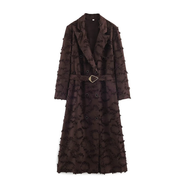 Ladies double-breasted mid-length coat with fringe texture and waist belt Amarae