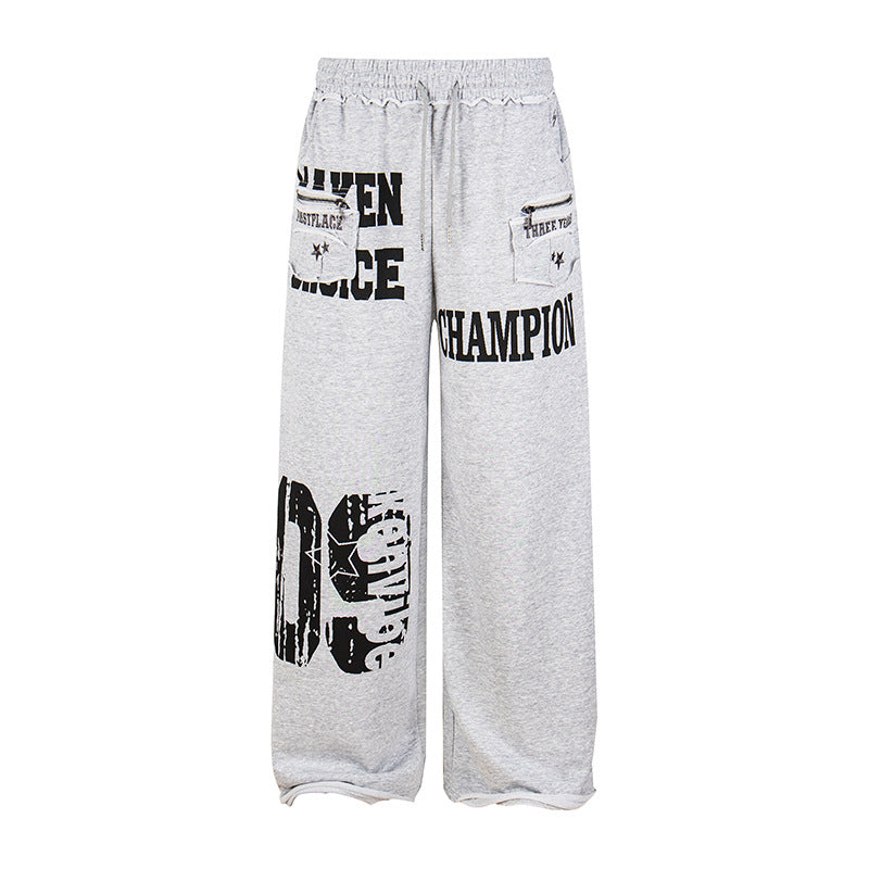 Women's Wide Palazzo Sweatpants with Comfort Waistband, Application Pockets and Typo Print Amarae