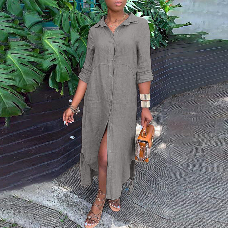 Women's button-up shirt dress with a continuous button placket, side slits, and 3/4 sleeves Amarae